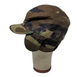 U.S. Military BDU Combat Cap Green Brown Camo Size 7.5 Ear Flaps